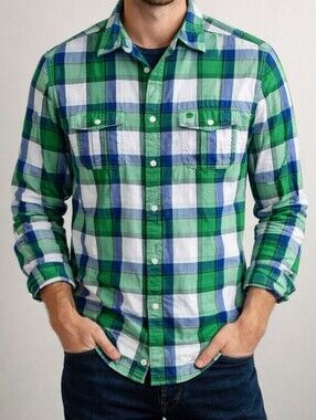 VTG  Mens Timberland Preppy Cabincore Green & Blue Plaid Long-Sleeve Shirt. L